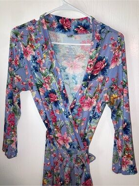 Posh Peanut Lavender-Blue Floral Wrap Robe with Pink & Navy Blooms